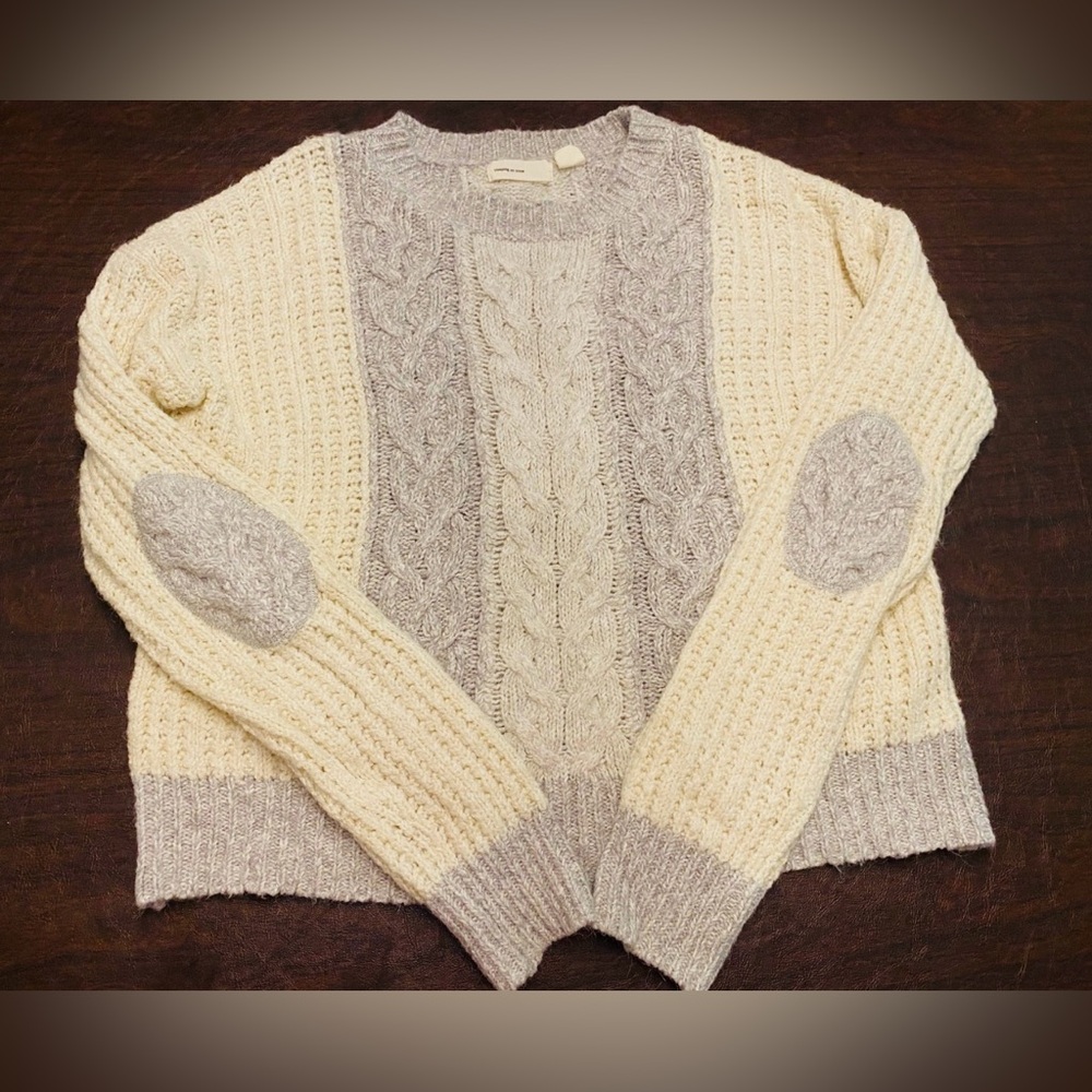 ANTHROPOLOGIE Sweater Cableknit Grey Cream Chenille Patch Elbows Sz M Med L